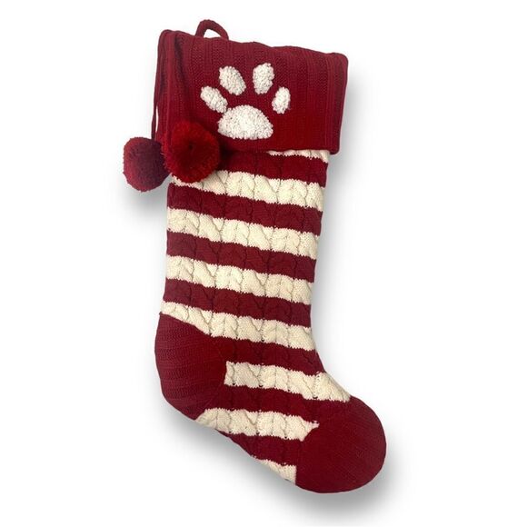 Red and White Cable Knit Christmas Stocking with Paw Print and Pom Poms - Picture 1 of 7